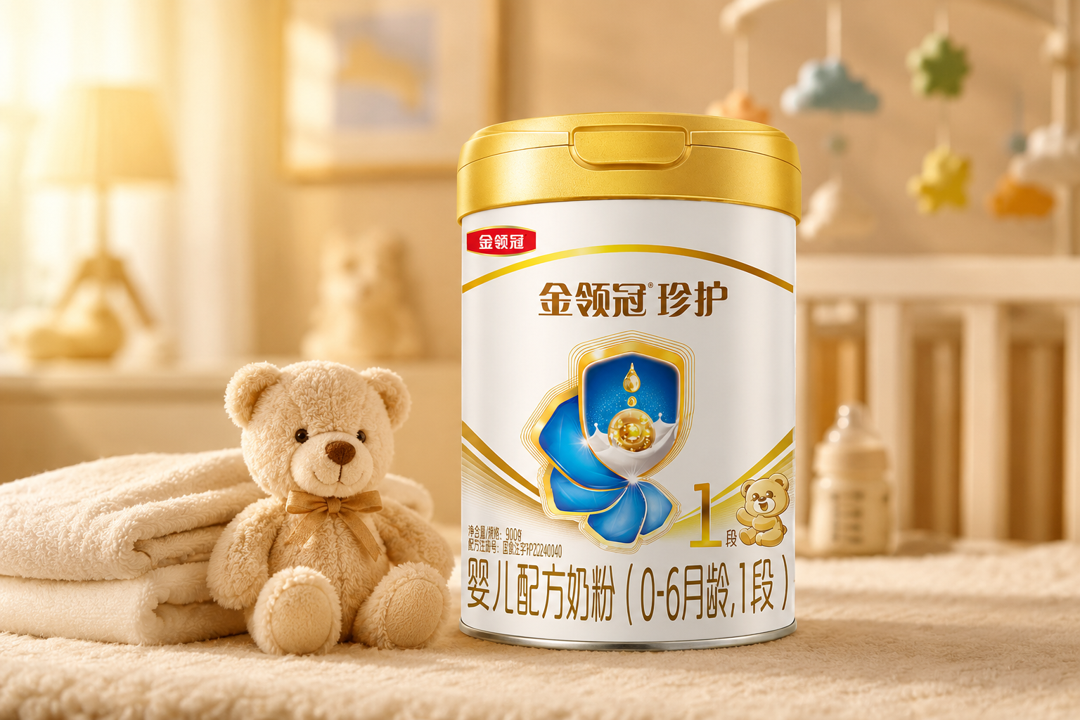 一罐伊利金领冠珍护1段奶粉的高清产品摄影,放置在温馨的婴儿房背景中,旁边有柔软的纯棉毛巾和可爱的安抚小熊,暖色调灯光,突出高端、纯净的母婴产品质感,高分辨率,逼真细节。