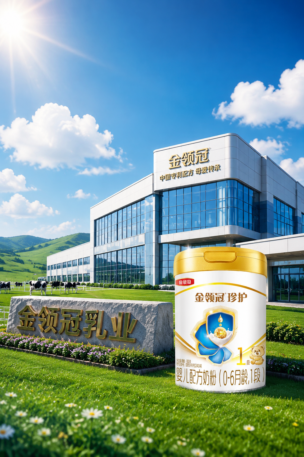 现代化的乳制品企业大楼,背景是蓝天白云和广阔的绿色牧场,阳光明媚,展现出企业的宏大与专业,商业摄影风格。