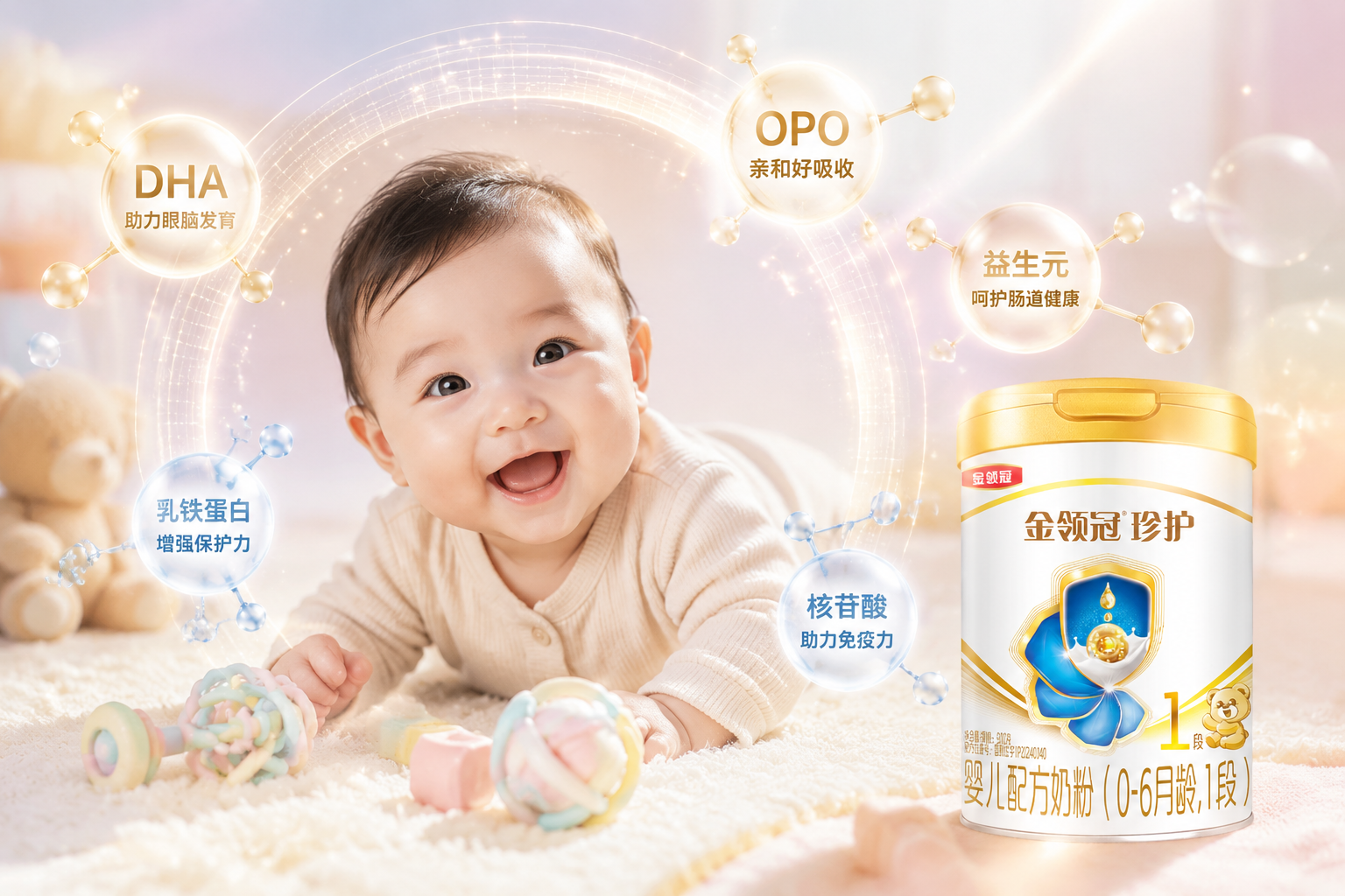 一个3个月大、眼睛明亮、笑容可掬的中国小婴儿正在开心地玩耍,周围环绕着漂浮的发光分子图标(代表DHA、OPO、益生元等营养成分),画面充满科技感与母婴的温馨感,柔和的马卡龙色调。