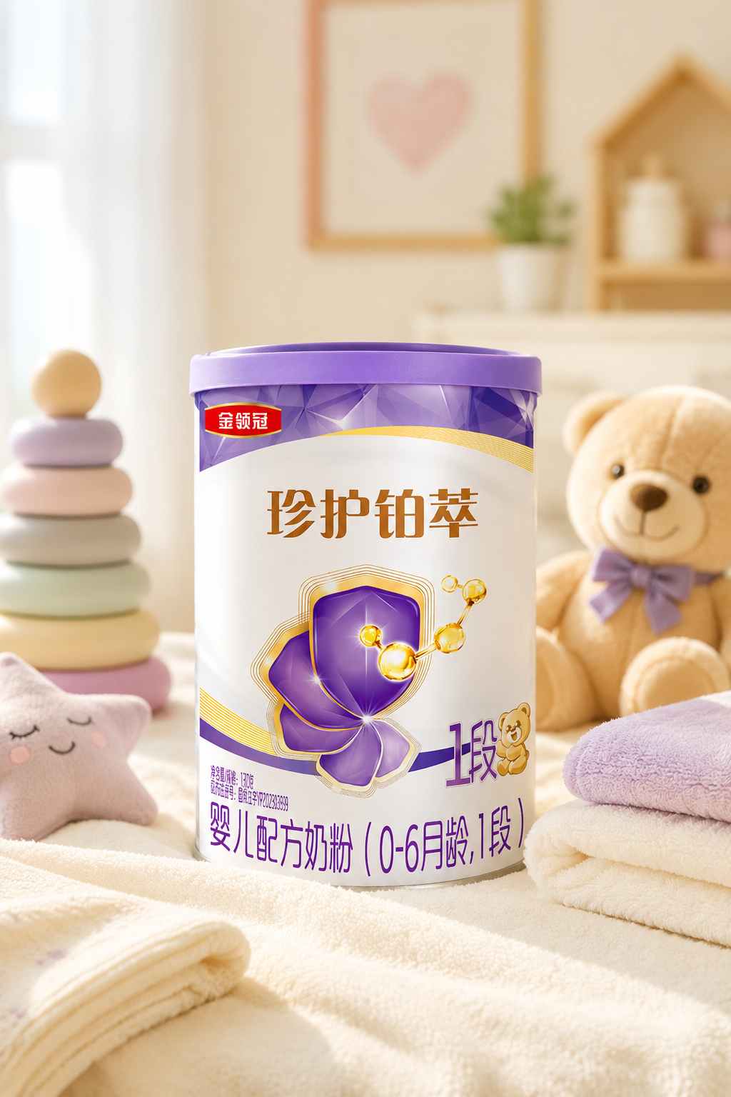 高清产品摄影,一罐伊利金领冠珍护铂萃奶粉放置在温馨的母婴房背景中,周围有柔软的婴儿毛巾和可爱的毛绒玩具,柔和的自然光,马卡龙色调,温馨高级感。