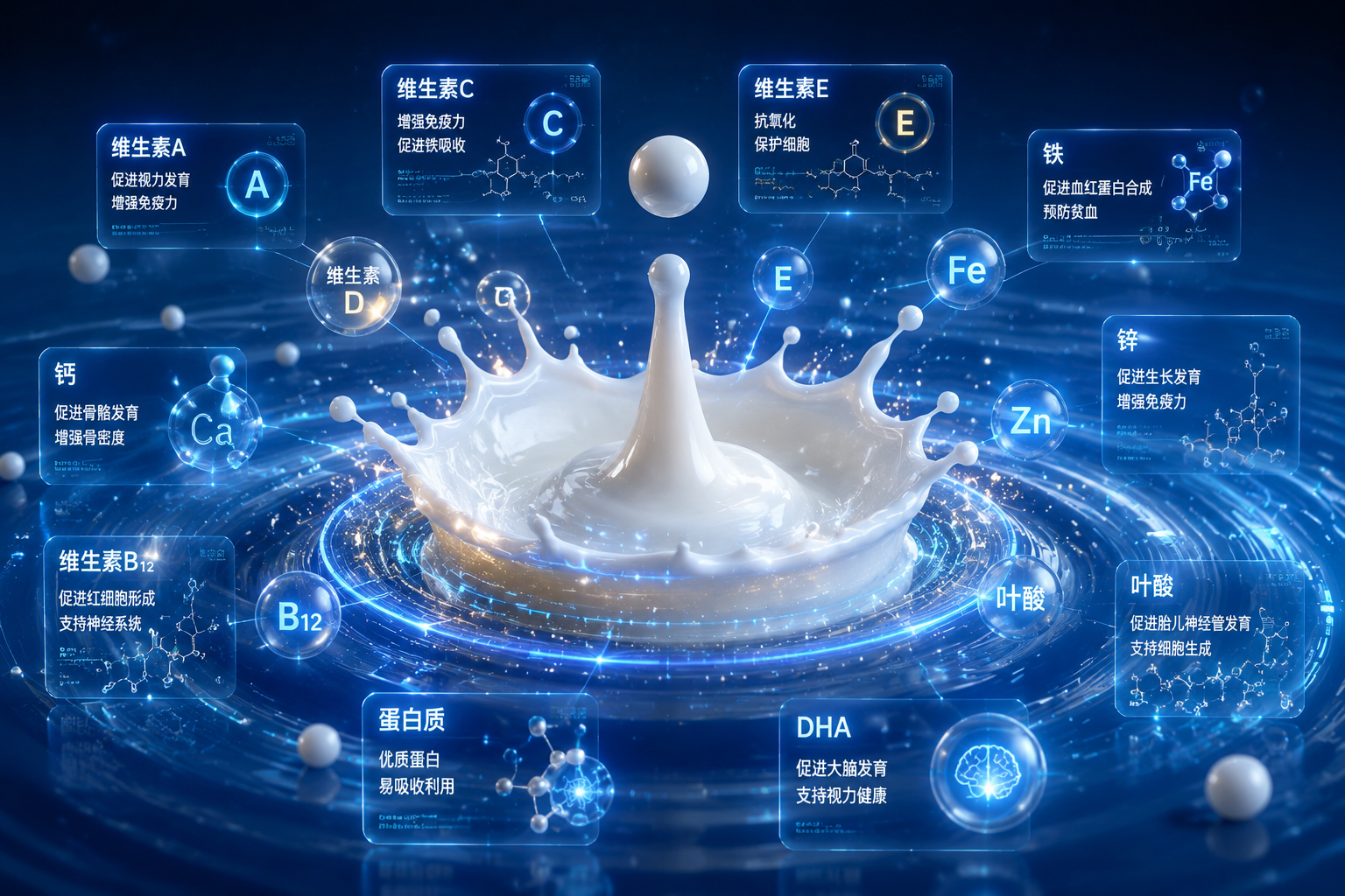 微观视角的科学可视化图像,一滴纯净的牛奶在深蓝色背景下滴落,溅起的涟漪中闪烁着代表各种维生素和矿物质的微光数据面板和分子结构图,体现科学配方和精准营养,3D渲染,极具科技感。