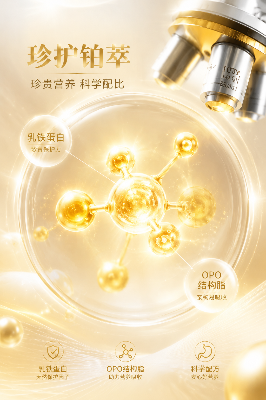 显微镜下的金色微粒发光特效,代表珍贵的乳铁蛋白和OPO结构脂,背景是柔和的金色和白色渐变,高端科技营养品视觉风格。