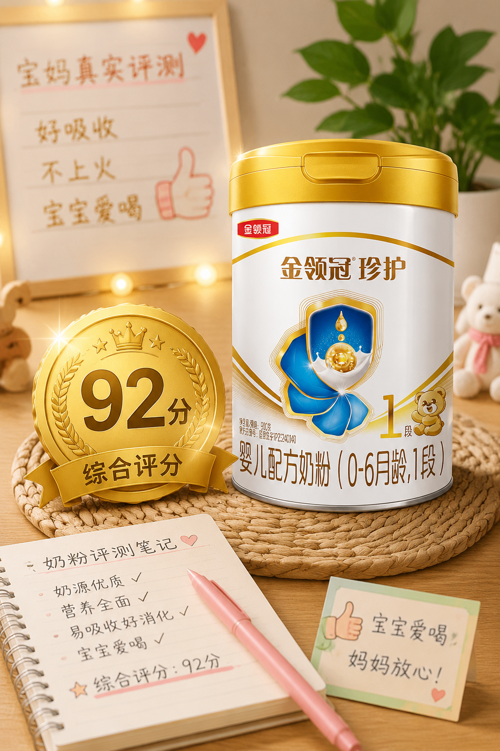 一枚金光闪闪的勋章,上面写着“92分”,旁边放着一罐奶粉,背景是温馨的母婴博主评测桌面,有笔记本、笔和绿植,点赞的氛围。