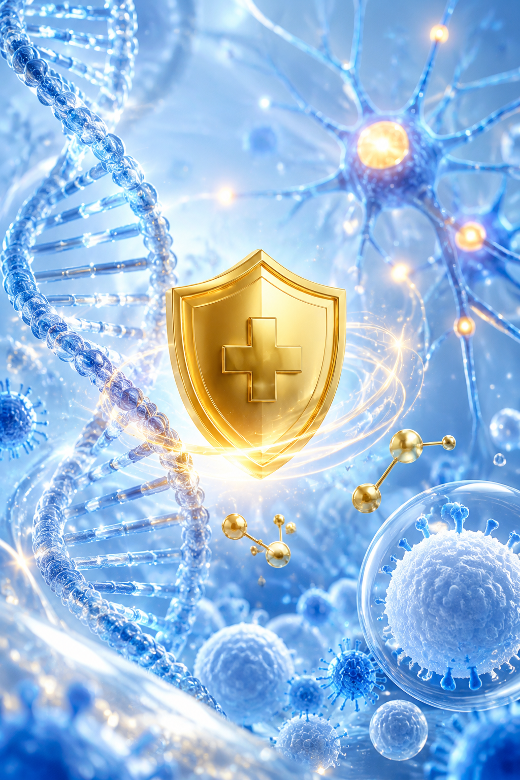 充满科技感和生命力的3D微观世界,发光的DNA螺旋,代表免疫力的金色盾牌,代表大脑发育的神经元发光节点,清新的蓝白色调,医疗科技风格。
