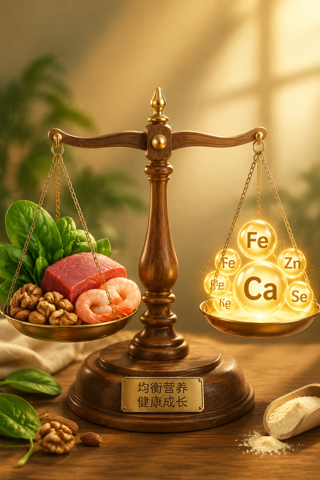 一个精致的木质天平秤,一端放着菠菜、坚果、瘦肉、鲜虾等富含矿物质的新鲜食材,另一端放着发光的微量元素符号(Ca, Fe, Zn等),暖色调灯光,健康营养概念。