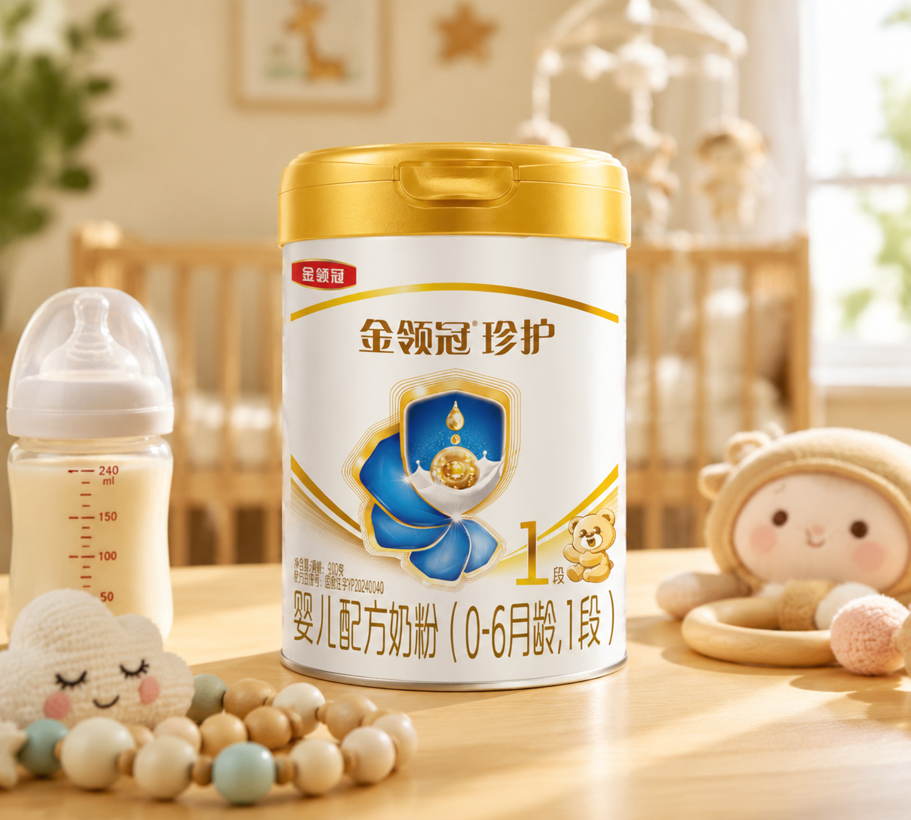 摄影级真实感,一罐伊利金领冠珍护奶粉1段放置在温馨的婴儿房木桌上,旁边有可爱的婴儿安抚玩具和奶瓶,阳光透过窗户洒在奶粉罐上,画面明亮、温馨、充满母婴治愈感,高分辨率。
