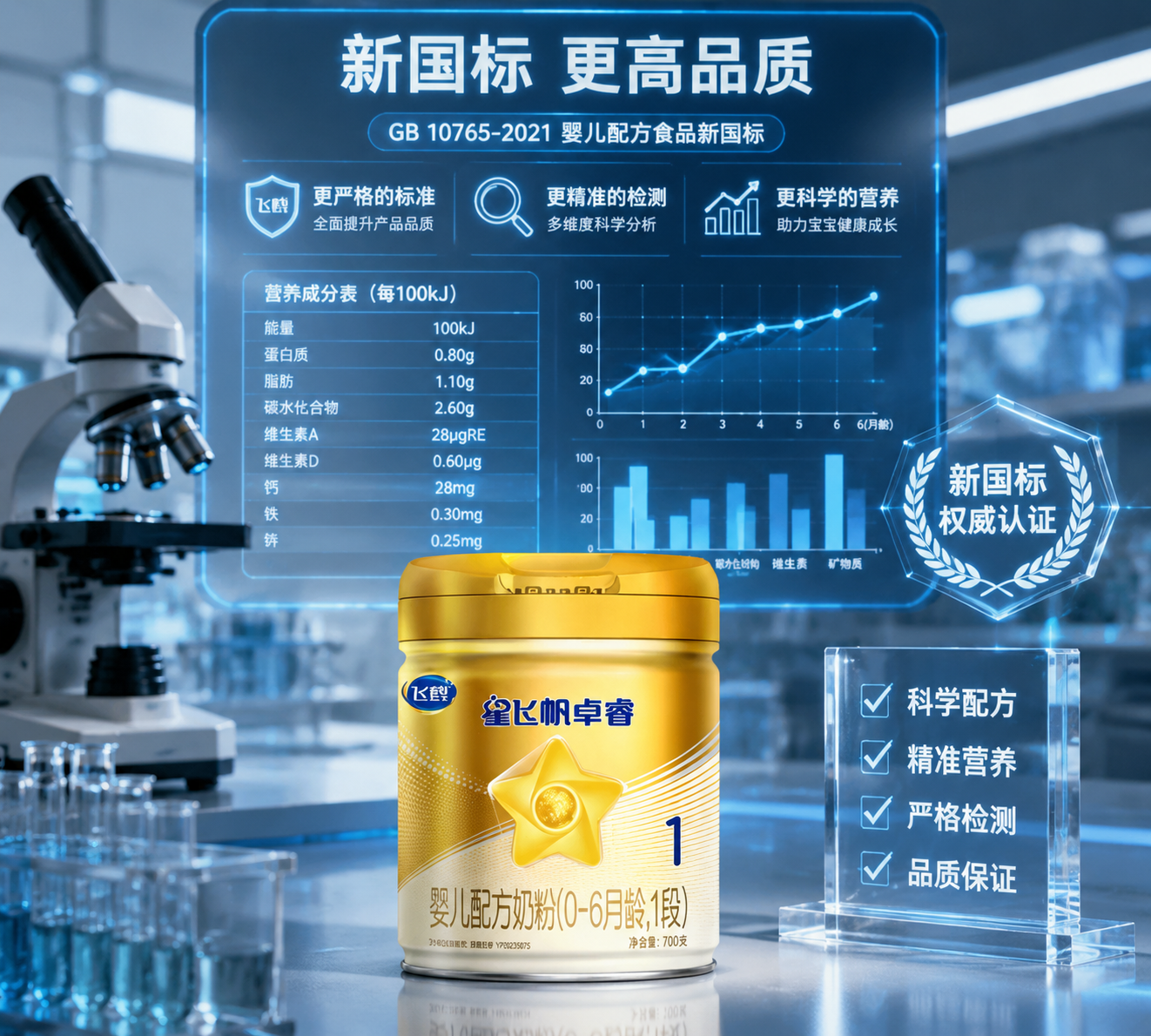 实验室风格的背景,带有显微镜和发光的数据图表,前方放置着奶粉罐,画面传递出严谨的科学检测、精准的营养数据分析和新国标的权威感。