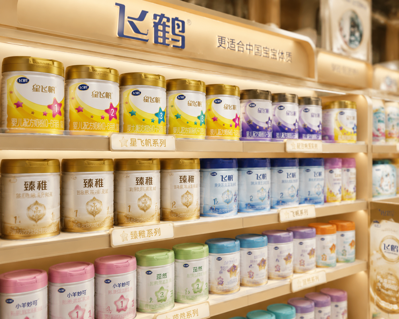 高端母婴店的货架,整齐排列着飞鹤品牌的各个系列奶粉(包括星飞帆、臻稚等),景深效果,灯光柔和,展现品牌家族的丰富选择。