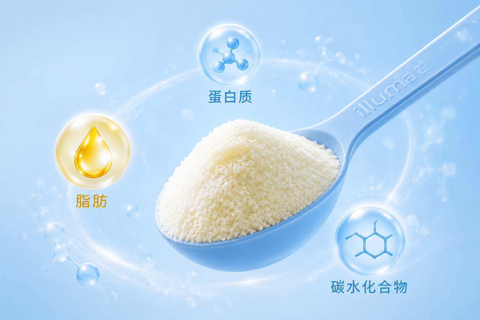 一个精致的奶粉勺舀起满满一勺细腻的奶粉,周围有代表蛋白质、脂肪、碳水化合物的图标悬浮,背景为清新的浅蓝色,展现基础营养的扎实。