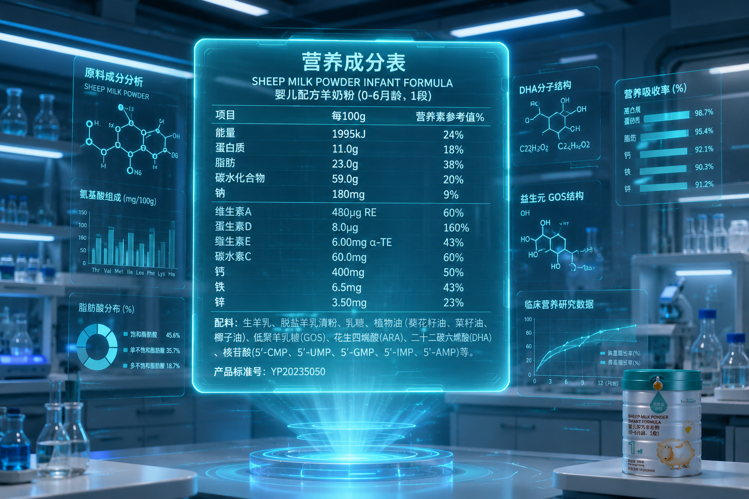 一张充满科技感的全息营养成分表投影,漂浮在半空中,背景是现代化的母婴营养实验室,各种数据、分子式和图表发着微光,专业严谨的氛围。