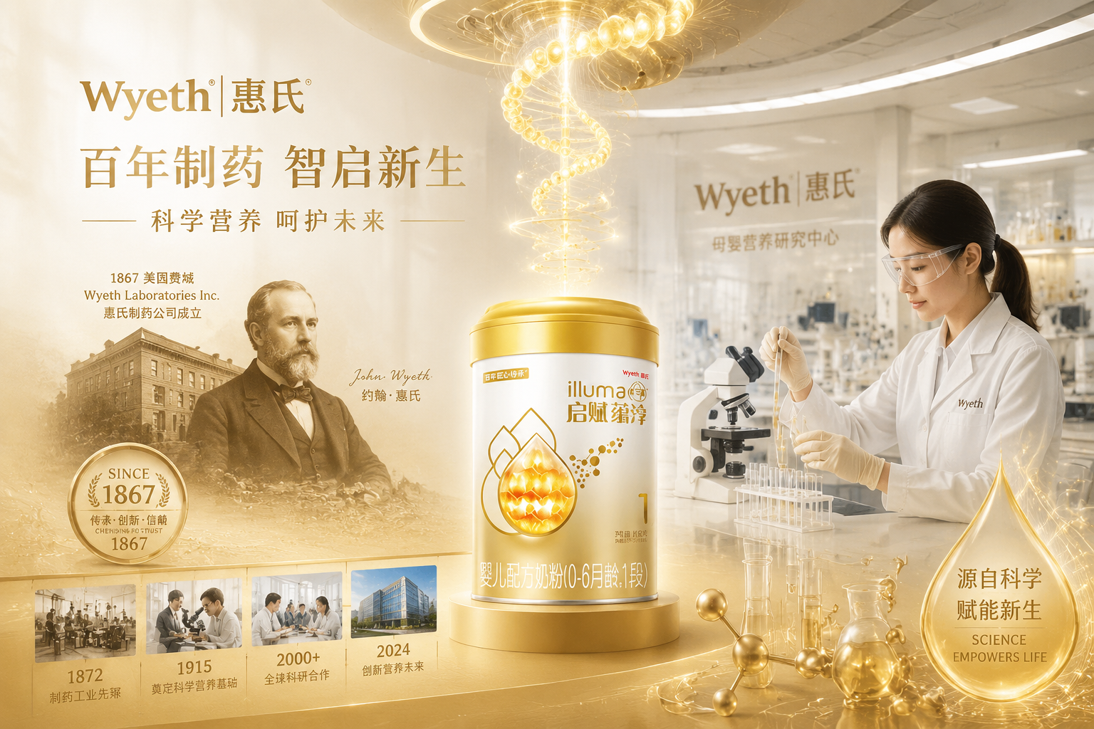一张展现百年制药企业历史底蕴与现代科技结合的插画或摄影图,画面包含惠氏品牌的经典元素、现代化的母婴营养实验室,色调温暖且充满科技感。