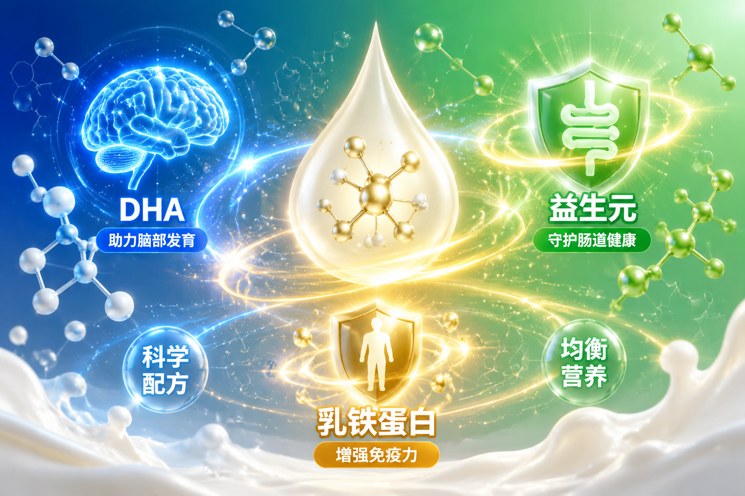 抽象的分子结构图形,包含代表DHA的大脑发光图标、代表益生元的肠道守护盾牌图标、以及代表乳铁蛋白的免疫力光环,色彩丰富且具有科技感,展现奶粉的核心营养特点。