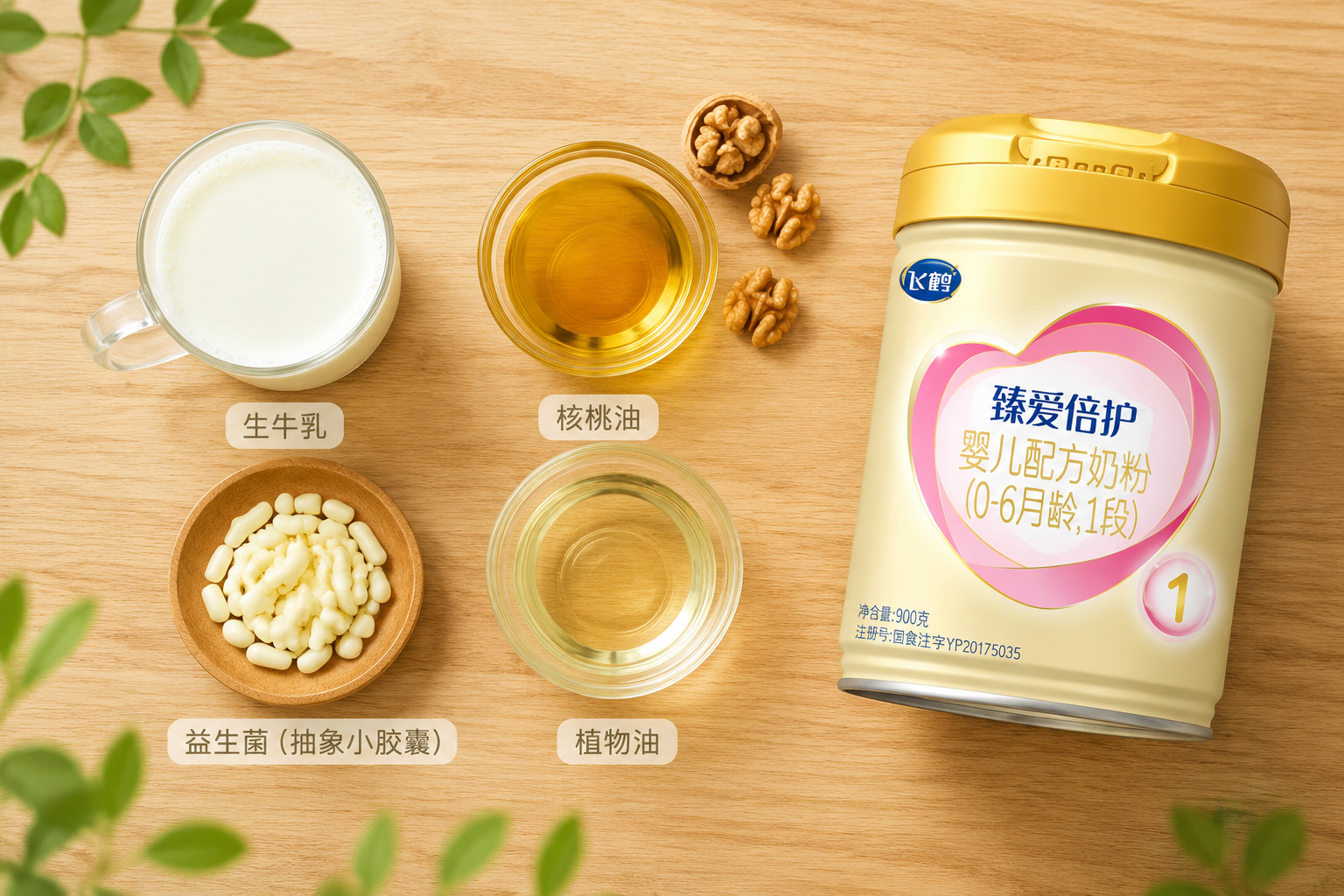 俯视视角的配料展示图,木质桌面上整齐摆放着一杯新鲜生牛乳、核桃油、植物油以及益生菌的抽象小胶囊,旁边放着飞鹤奶粉罐,呈现天然、纯净、安全的食品配料概念。