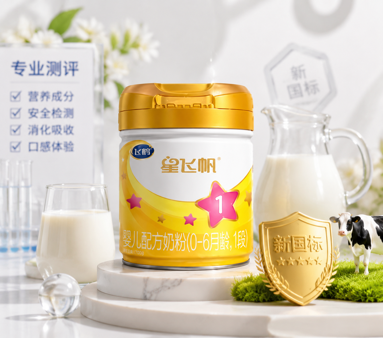 干净明亮的母婴产品展示台上,放置着一罐飞鹤星飞帆奶粉,旁边配有新鲜的牛奶杯和原生态的生牛乳元素,旁边有“新国标”的金色认证标志,专业测评风格,微距摄影。