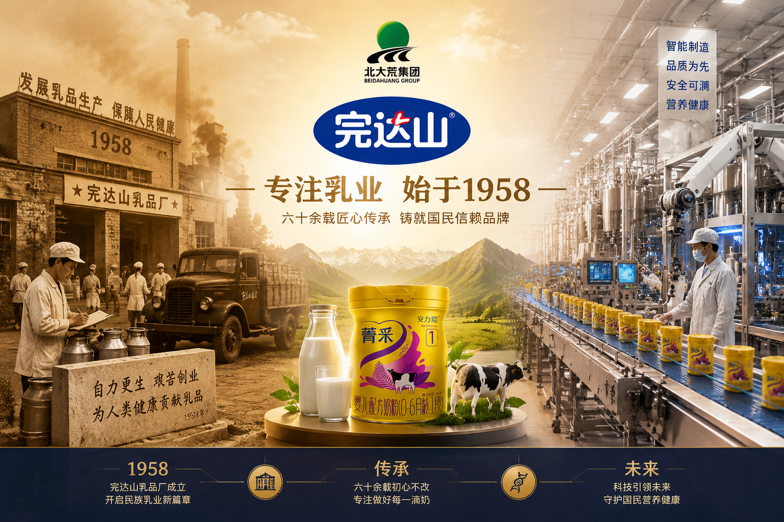 一张展现深厚品牌历史的图片,背景是1958年的复古工厂与现代智能化乳制品生产线的融合对比,画面中央有“北大荒完达山”的标志性元素,色调温暖且具有信赖感,企业实力展示风格。