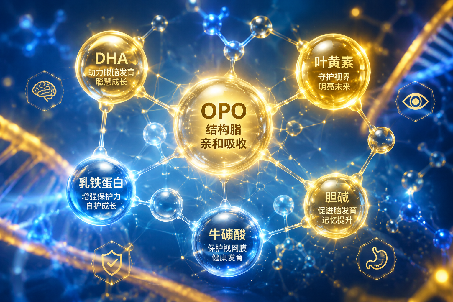 显微镜下的营养分子结构(代表DHA、OPO、叶黄素等),发光的多边形连接,充满科技感与生命力,蓝色与金色交织的背景,3D精细渲染,展现核心强化配方的力量。
