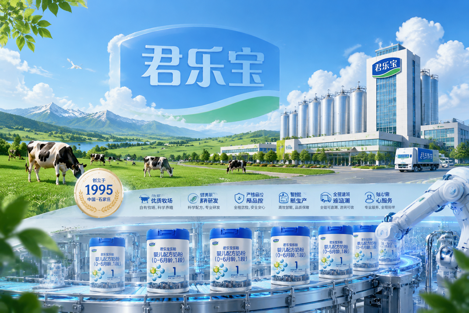 现代化的奶粉生产工厂和广阔的绿色牧场融合的画面,背景带有“君乐宝”品牌元素的隐喻,蓝天白云,健康的奶牛在吃草,画面前方有高科技的生产流水线剪影,体现品牌实力、历史沉淀与全产业链优势,扁平化插画与3D结合风格。