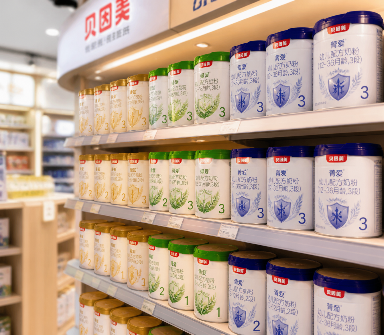 高端母婴专卖店的货架,整齐排列着不同段数(1段、2段、3段)和不同系列(爱加、绿爱、菁爱)的贝因美奶粉罐,景深效果,灯光柔和,展现出品牌丰富的产品线和专业度。