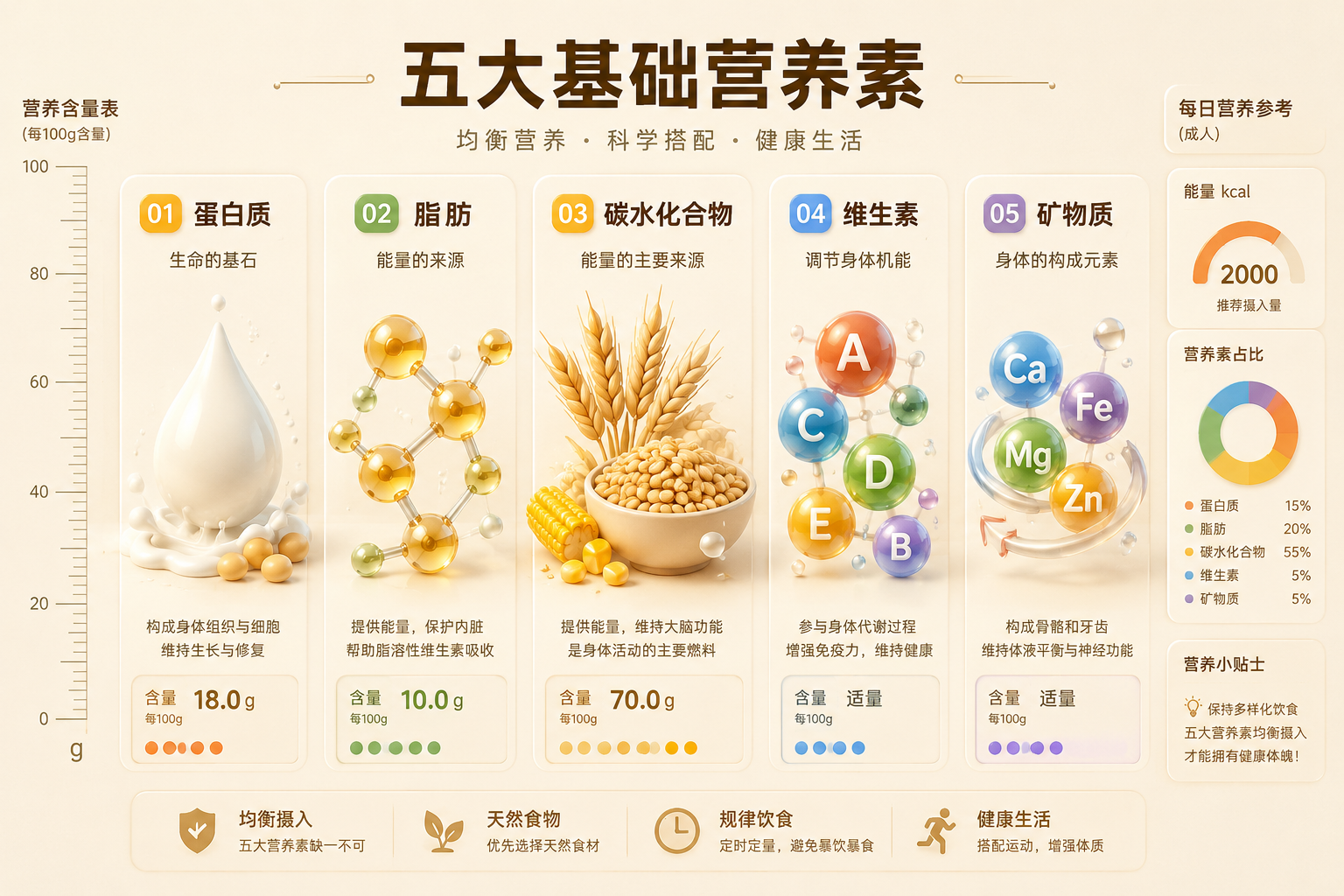 信息图表风格的3D插画,展示五大基础营养素(蛋白质、脂肪、碳水化合物等)。画面中有牛奶滴、谷物、健康的油脂分子模型,排列整齐,背景为温馨的浅米色,带有测量刻度和数据感,直观清晰。