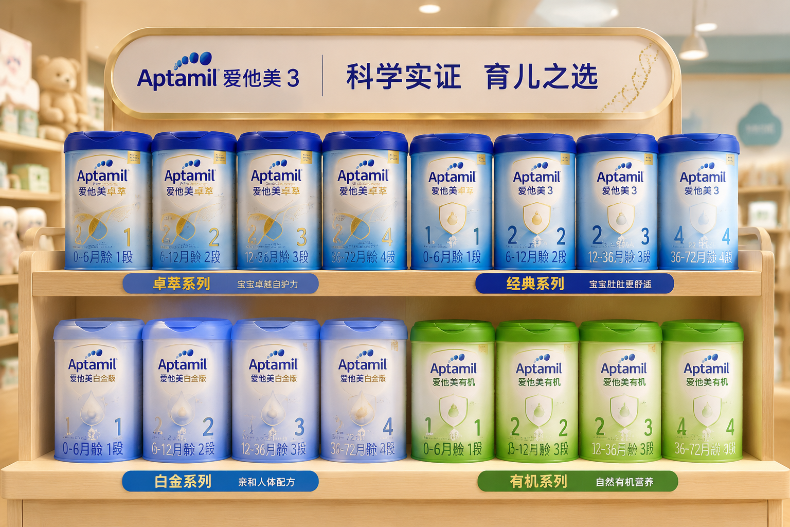 木制货架上整齐排列着几罐不同系列和段数的爱他美奶粉,有蓝色、绿色等不同包装区分,背景是柔和的母婴店陈列风格,清晰展示产品线。
