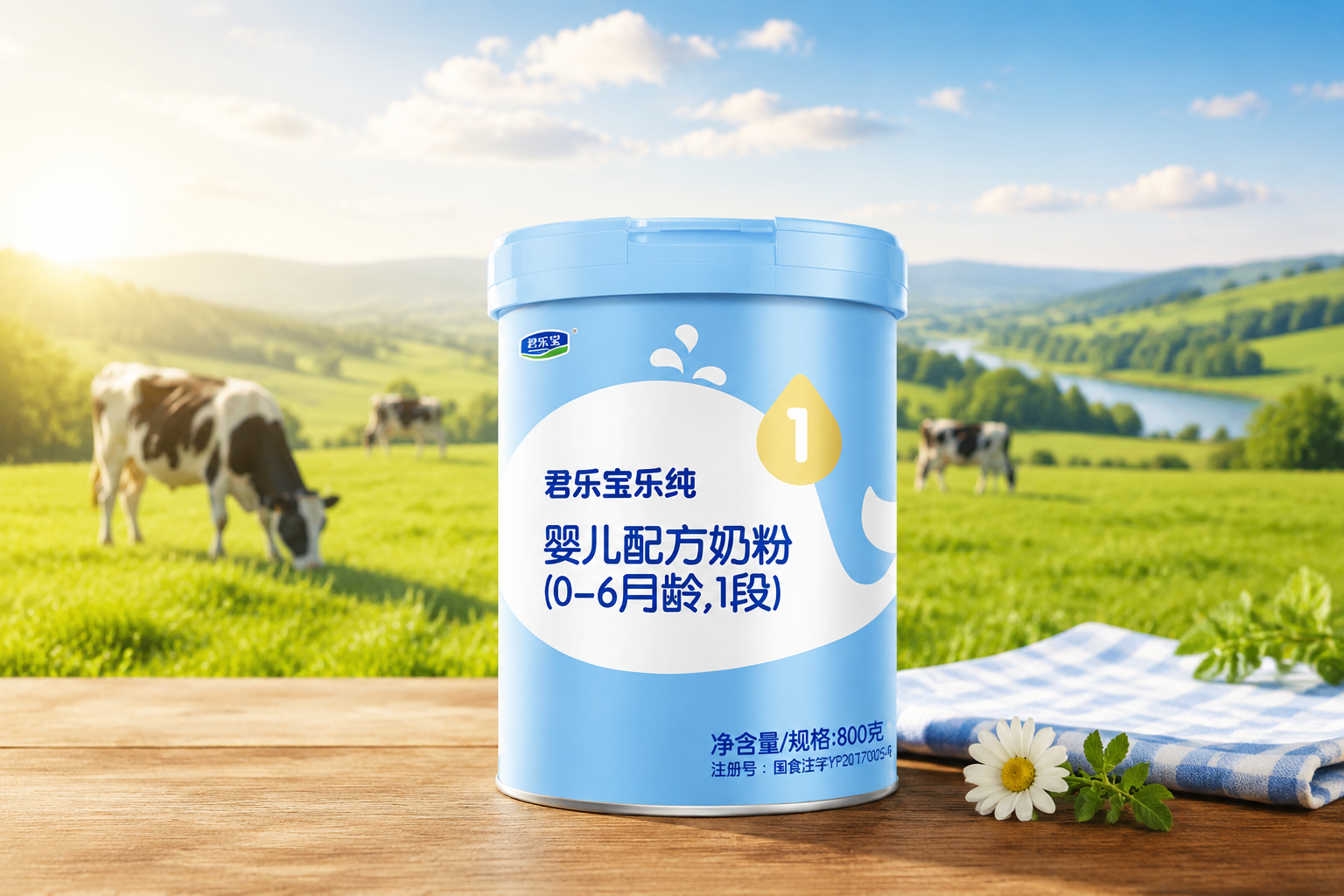 一罐君乐宝乐纯奶粉1段放置在木质桌面上,背景是清晨阳光洒在绿色的天然牧场上,有几头奶牛在悠闲吃草,画面明亮温馨,充满生机与自然纯净感,商业摄影,高分辨率,8k。