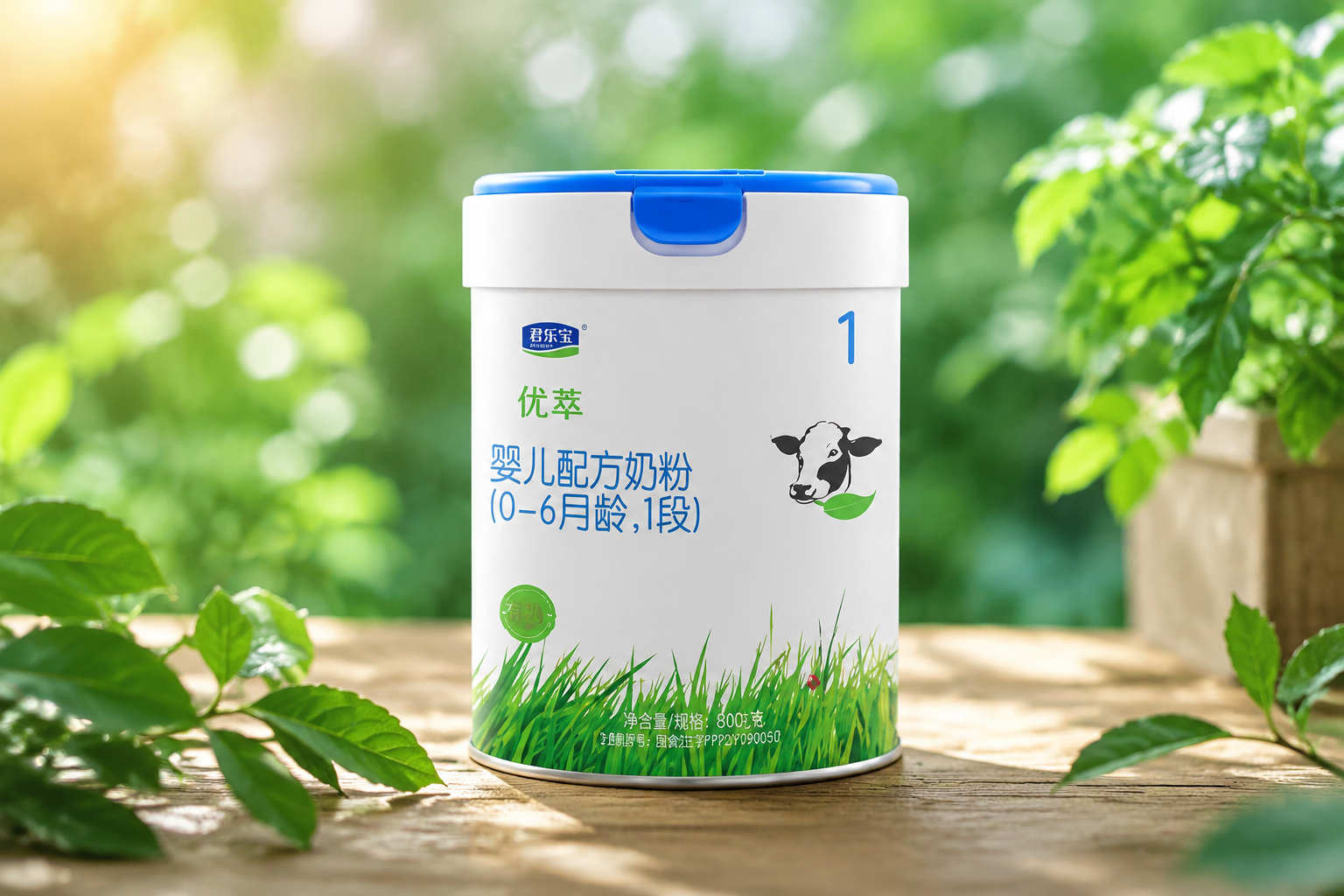 一罐君乐宝优萃有机奶粉1段放置在木质桌面上,周围有新鲜的绿叶和阳光洒落,营造出天然、有机的氛围,背景柔和虚化,专业产品摄影风格,高清晰度。