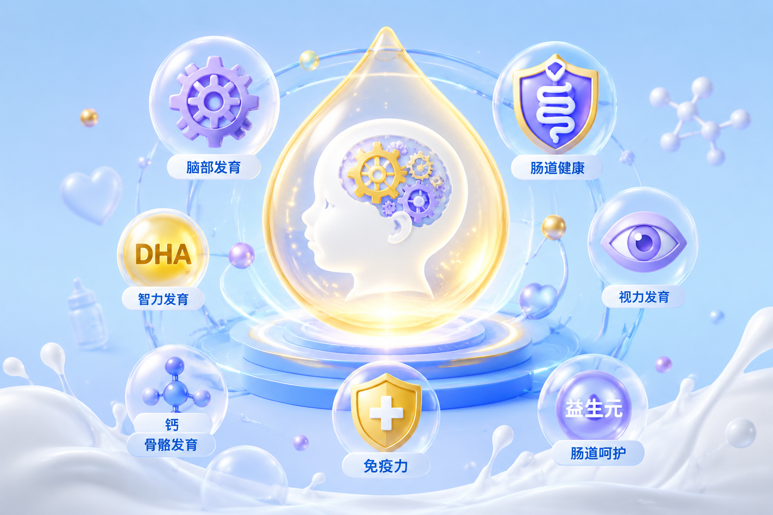 3D插画风格的营养元素图标集合,包含代表大脑发育的齿轮、代表肠道健康的盾牌、代表视力的眼睛等元素,色彩明快,充满科技感与母婴呵护感,背景为浅蓝色,高细节。