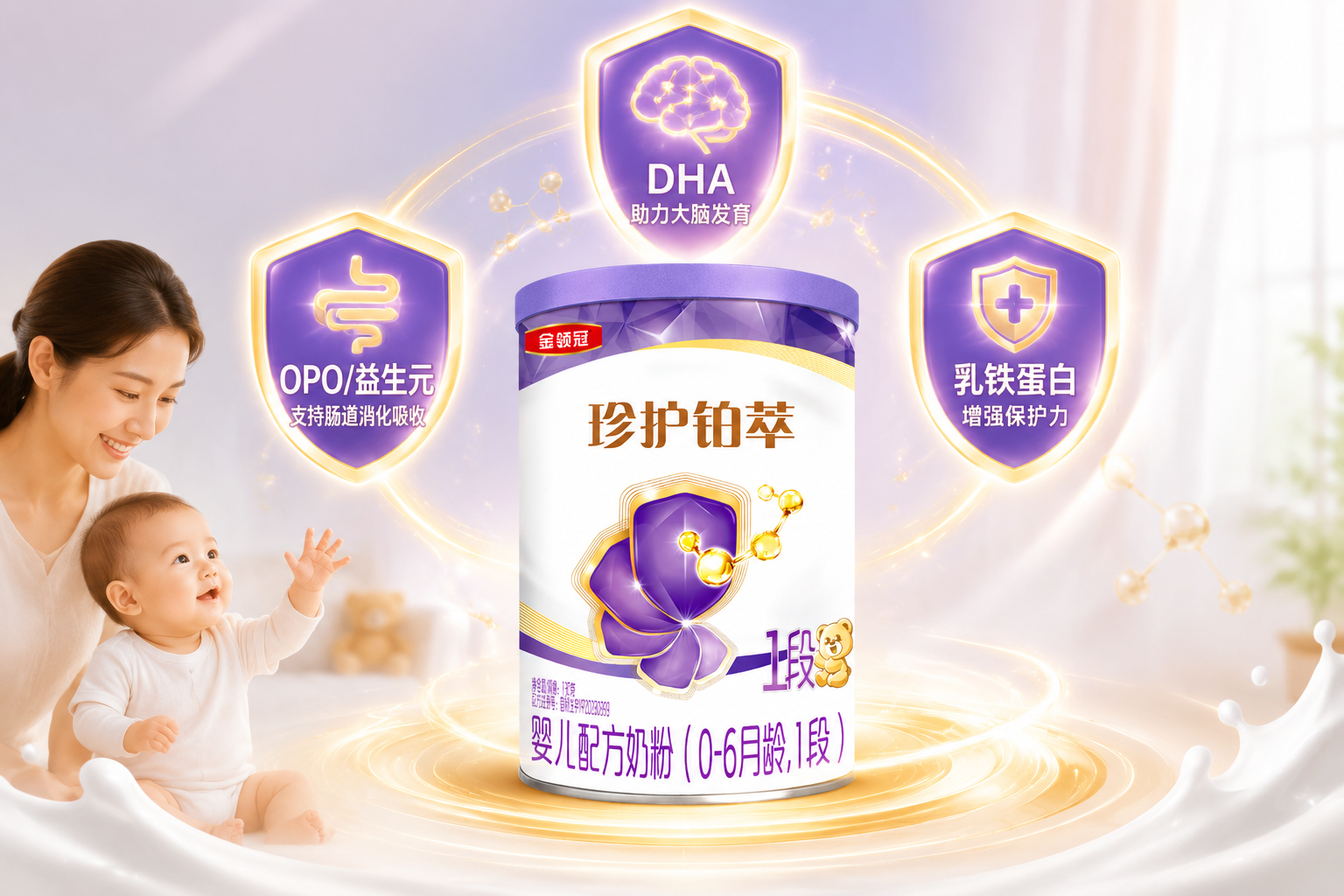 概念插畫風(fēng)格，奶粉罐周圍環(huán)繞著三個(gè)發(fā)光的能量盾牌圖標(biāo)：一個(gè)代表大腦發(fā)育（DHA），一個(gè)代表腸道消化（OPO/益生元），一個(gè)代表免疫力保護(hù)（乳鐵蛋白），色彩明亮，母嬰健康主題。