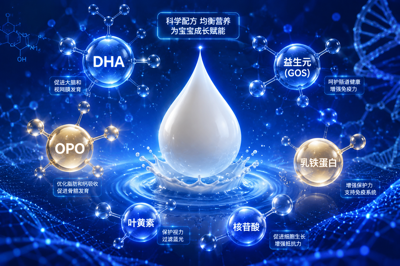 充满科技感和营养元素的微观概念图,画面中心是一滴纯净的牛奶,周围环绕着发光的DHA、OPO、益生元等分子结构模型,背景为深邃的蓝色,展现科学配方。
