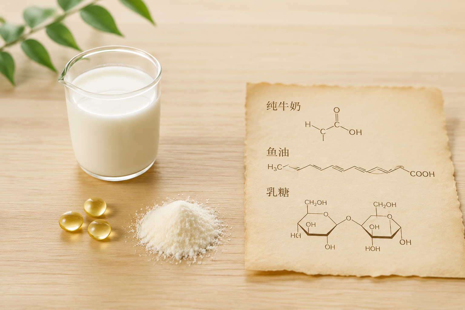 极简风格的配料表概念图,木质桌面上整齐地摆放着一小杯纯牛奶、几滴金黄色的鱼油、一小撮纯净的乳糖粉末,旁边配有一张写着化学分子式的羊皮纸,画面干净、透明、让人安心。