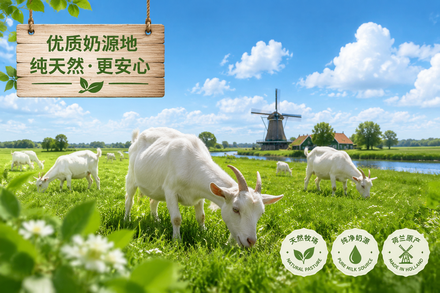 荷兰美丽的绿色牧场,蓝天白云下,几只健康的莎能奶山羊在悠闲地吃草,画面清新自然,突出优质奶源地和纯天然有机概念。