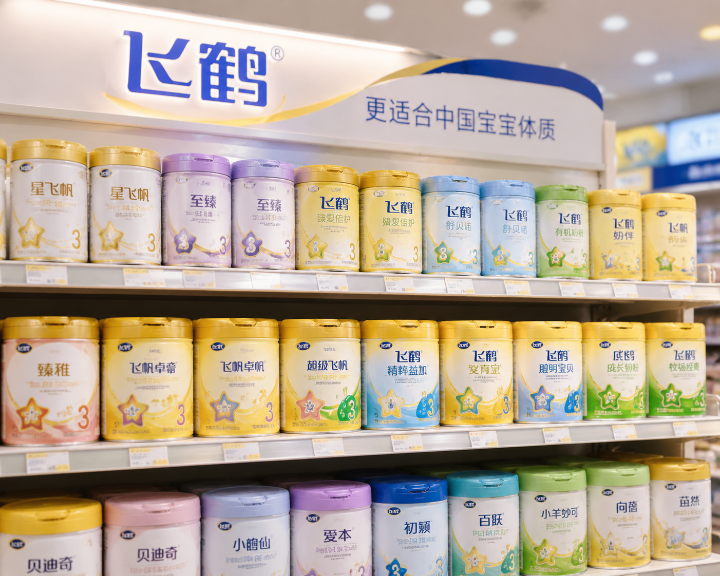 飞鹤品牌旗下多款不同系列的奶粉罐整齐排列在超市货架上,景深效果,突出飞鹤家族产品的丰富性,明亮商业摄影风格。