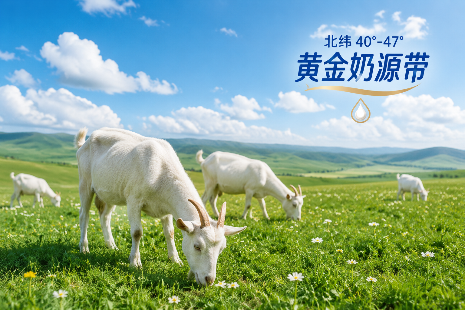 阳光明媚的北纬40°-47°黄金奶源带草原,绿草如茵,几只健康的奶山羊在悠闲地吃草,背景是蓝天白云,画面清新自然,充满生机。