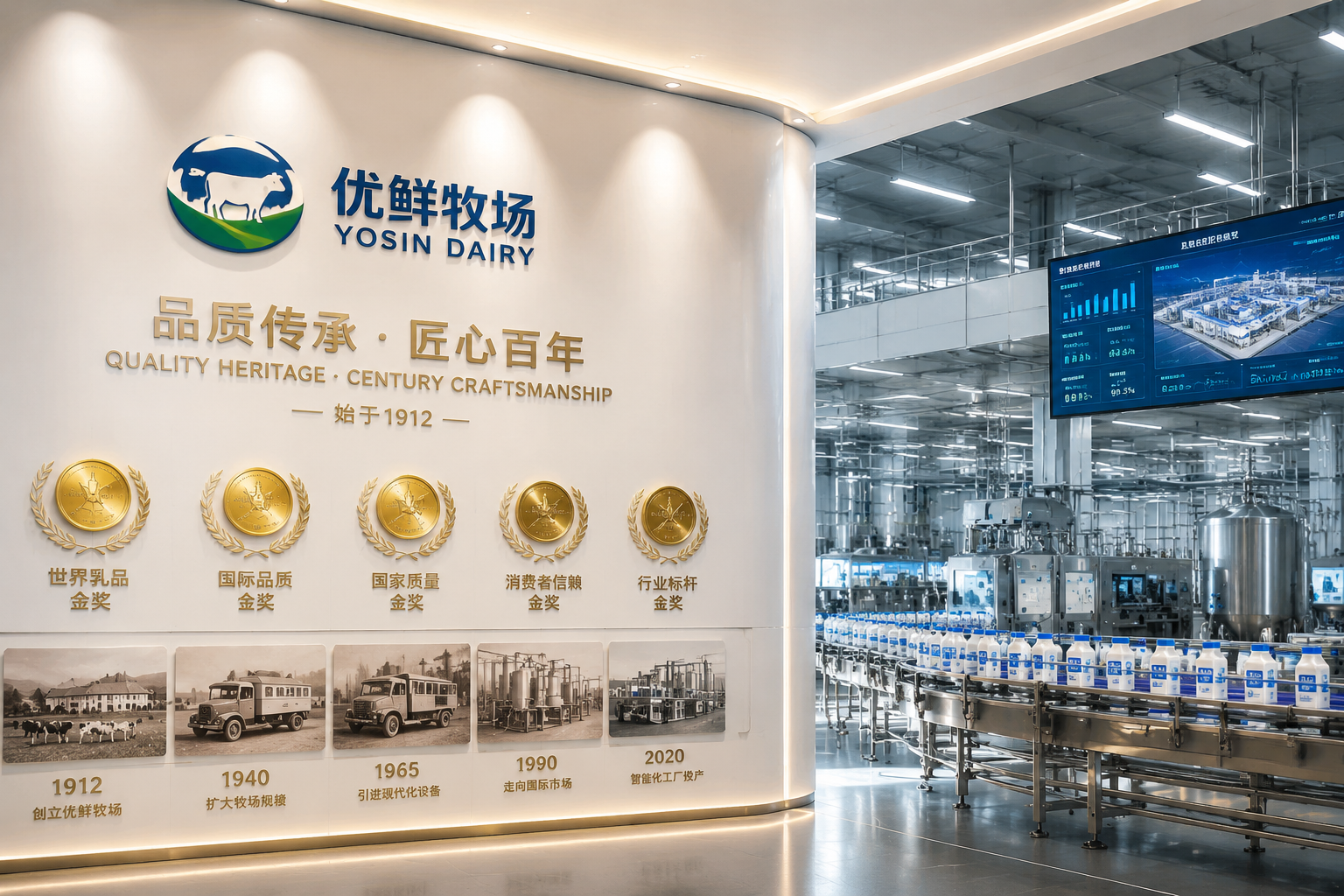 一座现代化的乳制品生产工厂,结合了历史沉淀与高科技感,墙上有金牌荣誉的标志,展现品牌的实力与信赖感,专业企业宣传片风格,高质量,超高清。
