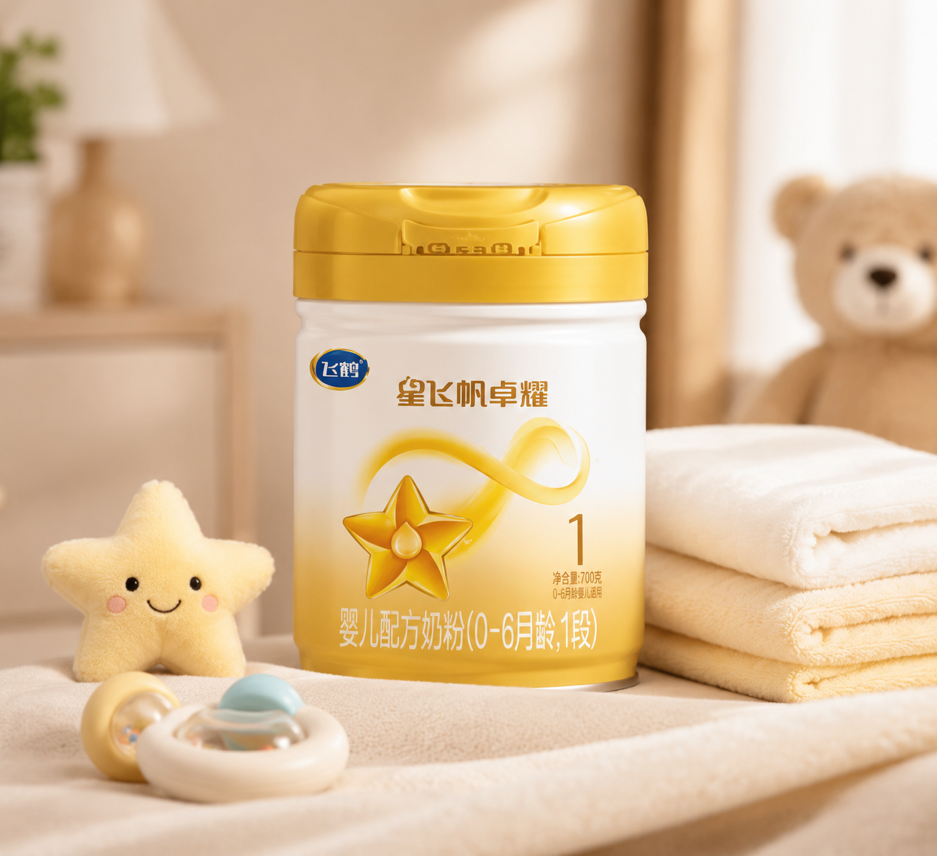 飞鹤星飞帆卓耀奶粉1段产品正面高清图,置于温馨的母婴场景中,旁边有可爱的婴儿玩具和柔软的毛巾,暖色调灯光,突出高品质和专业感,真实摄影风格。