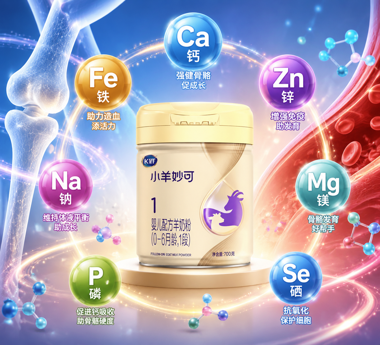 丰富的矿物质概念图,包含铁、锌、钙等元素的立体图标,背景是强壮的骨骼和血液循环的抽象线条,色彩丰富,医疗健康风格。