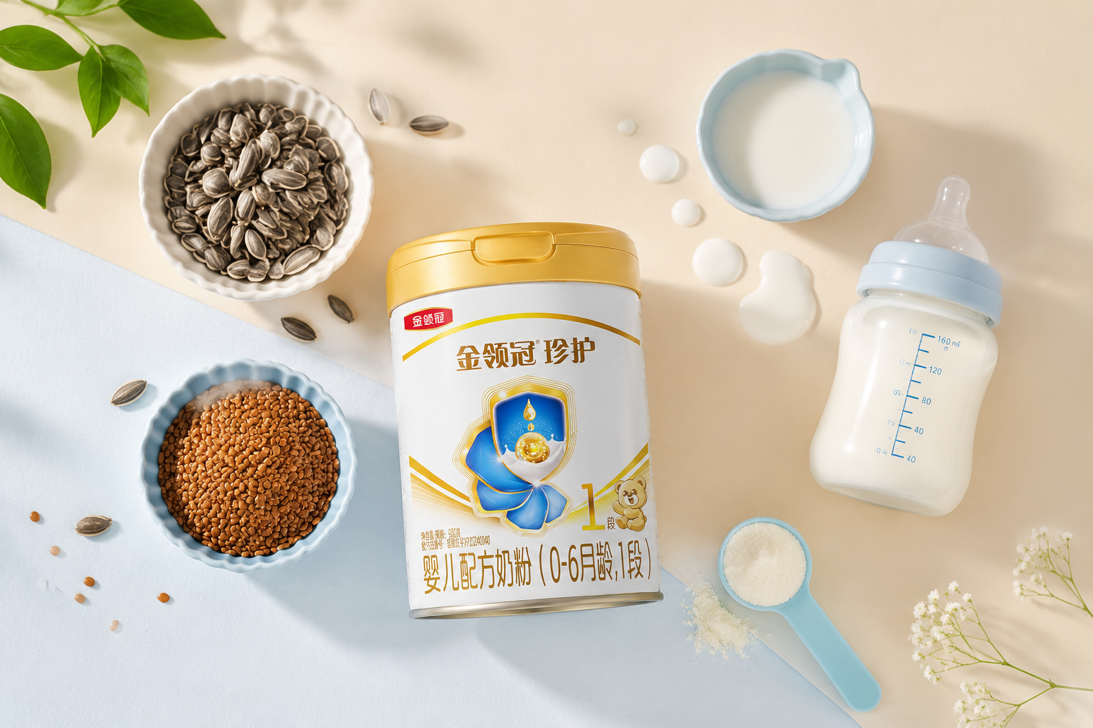 俯视平铺拍摄,淡彩柔和的背景上整齐地摆放着葵花籽、亚麻籽、新鲜牛奶滴、婴儿奶瓶以及奶粉勺,画面干净整洁,呈现天然配料的治愈感,ins风。