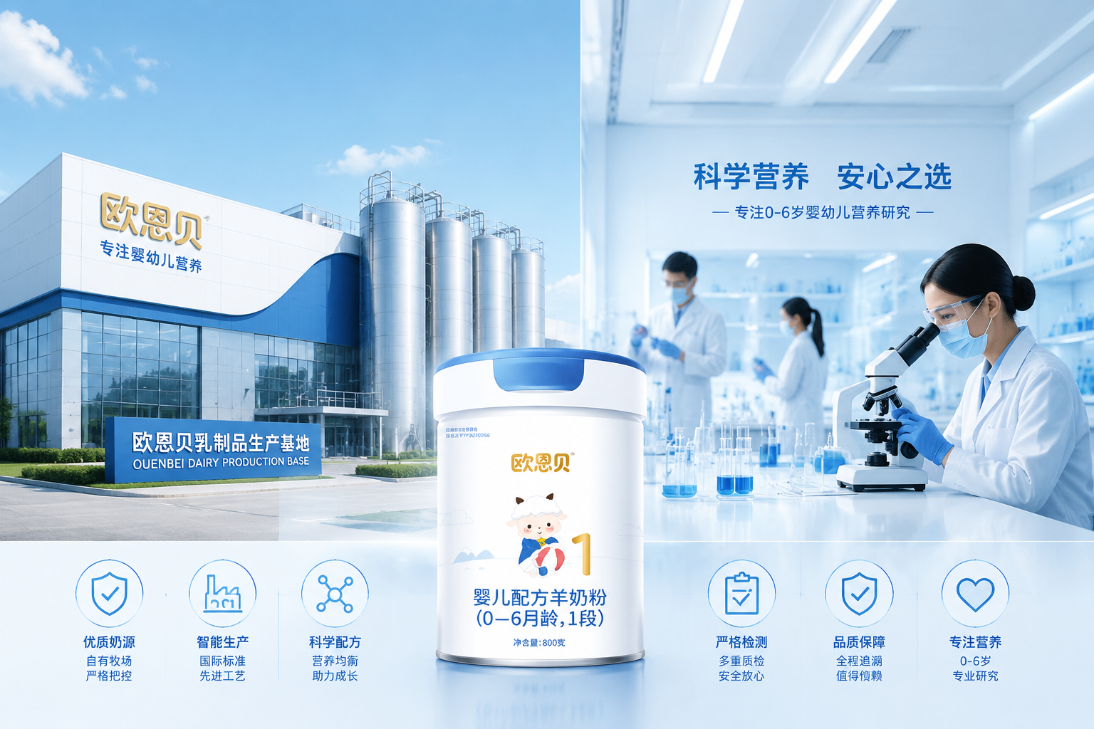 现代化的乳制品生产工厂外观与高科技研发实验室的结合,画面展现出专业、严谨、安全的品牌实力,色调以科技蓝和纯净白为主。