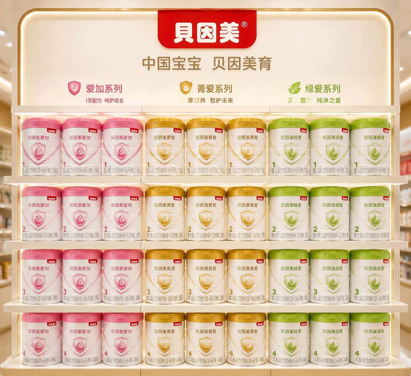 贝因美不同系列和段数的奶粉罐排列组合,爱加、菁爱、绿爱系列,高端母婴店货架陈列,整齐划一,明亮灯光,品牌家族矩阵展示。