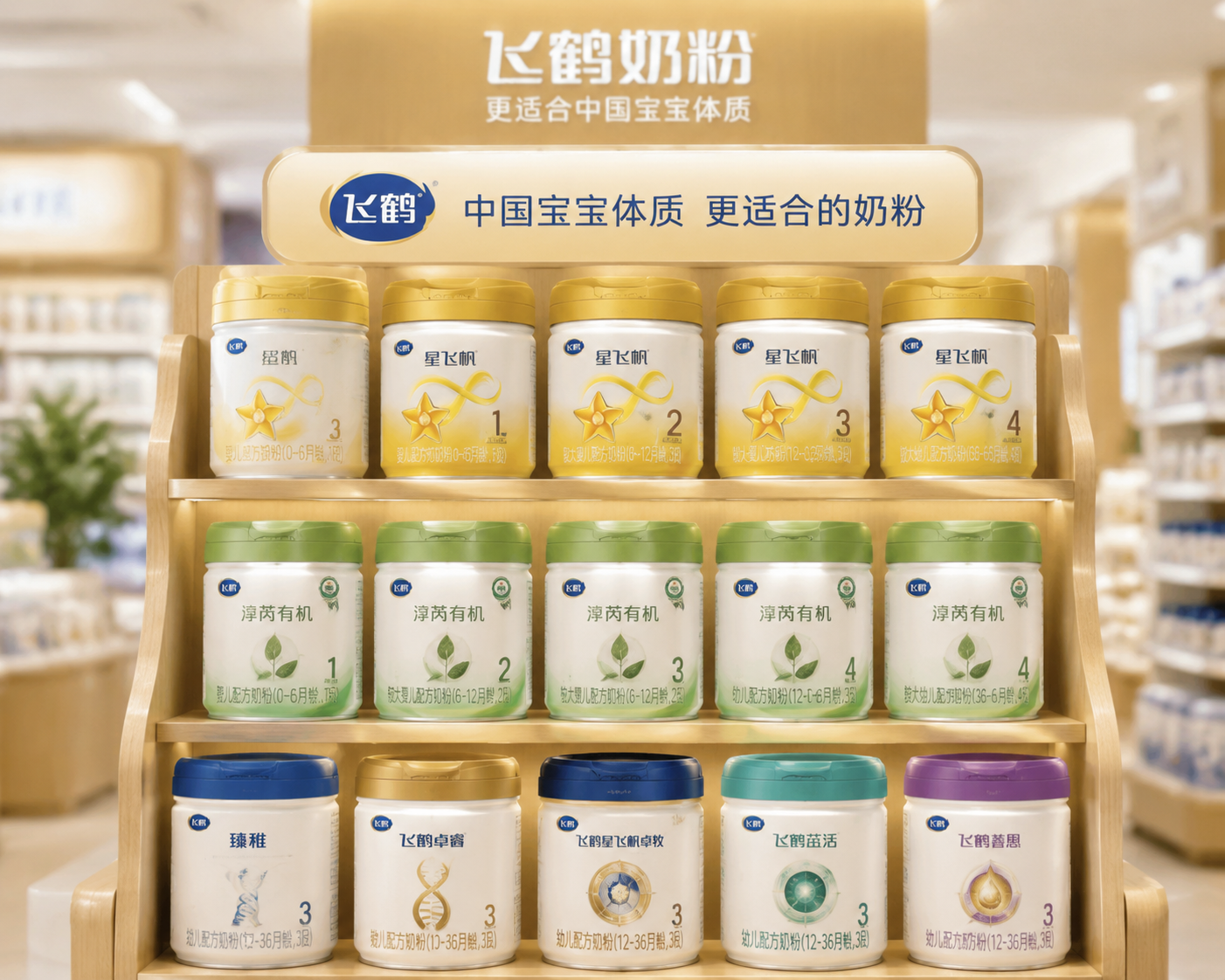 高端母婴店的木质展示架,上面整齐排列着飞鹤品牌的不同系列奶粉,包括星飞帆、淳芮有机、臻稚等,背景带有柔和的景深模糊,彰显品牌实力与丰富的产品线。