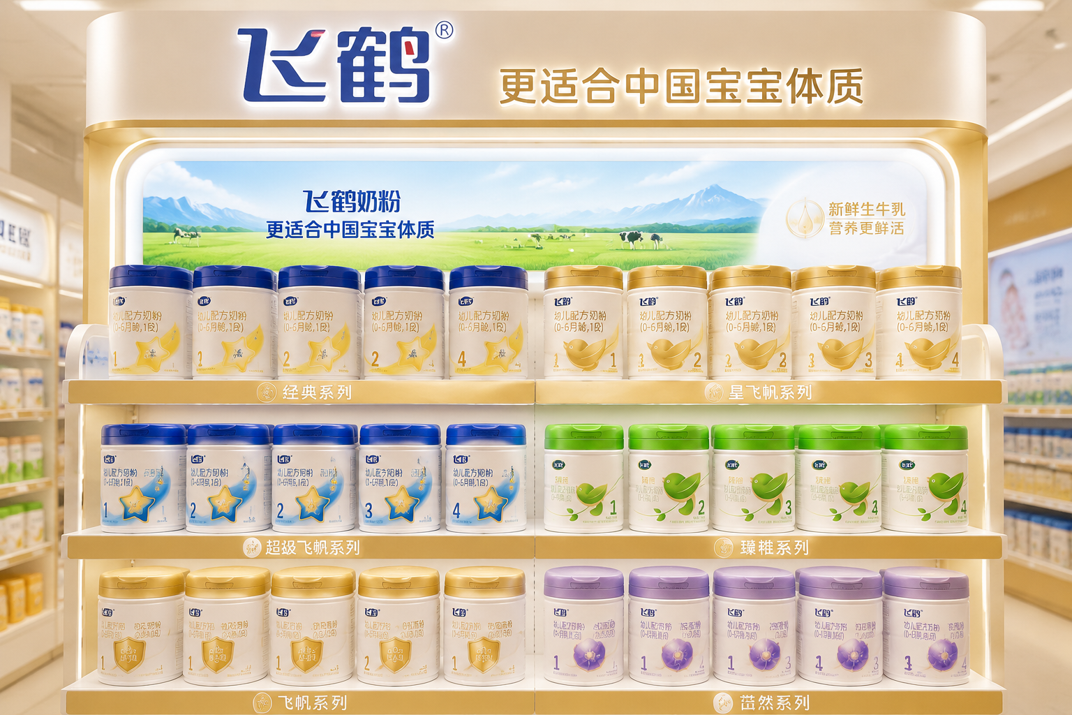 飞鹤奶粉家族系列产品陈列图,多个不同包装的飞鹤奶粉罐整齐排列在高端母婴店的货架上,灯光明亮柔和,展现品牌丰富的产品线和专业形象。