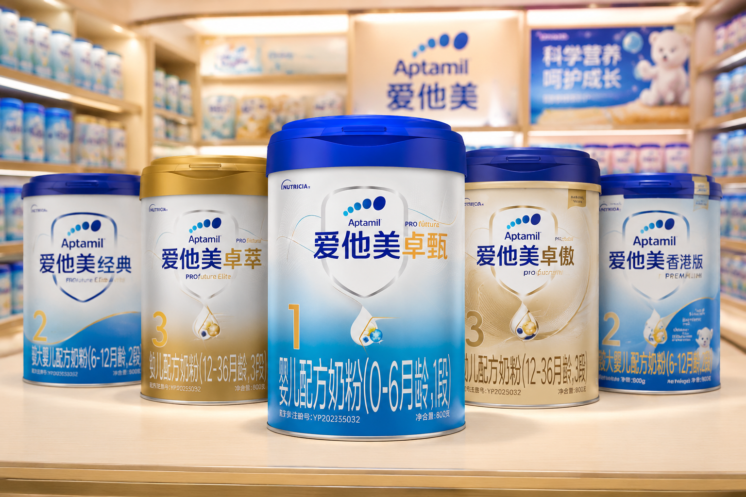 画面中排列着几罐不同包装、不同段数的爱他美奶粉(如经典版、卓萃版、香港版等),呈现出家族系列的丰富感。背景是明亮的超市货架或高端母婴店陈列,景深效果,突出前排的卓甄1段。