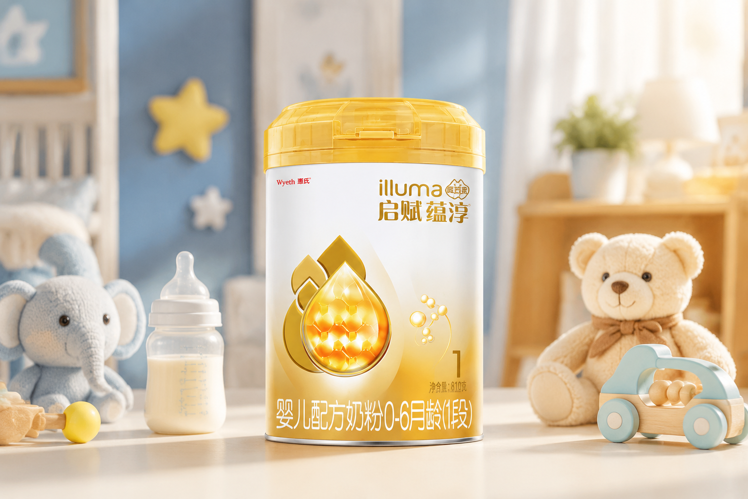 奶粉测评封面图，一罐惠氏启赋蕴淳奶粉放置在画面中央，背景是温馨柔和的母婴房环境，带有浅蓝和暖黄色调，旁边有可爱的婴儿玩具和奶瓶，专业摄影打光，高清晰度，8k，质感细腻。