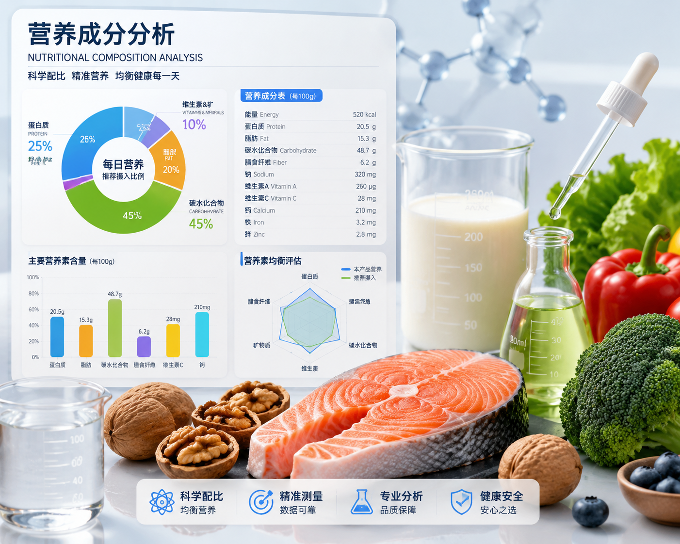 一张精美的营养成分分析图表概念图,旁边摆放着量杯、滴管和新鲜的食材(如深海鱼、核桃、新鲜蔬菜、牛奶),色彩丰富且专业,展现出科学配比和精准营养的概念。