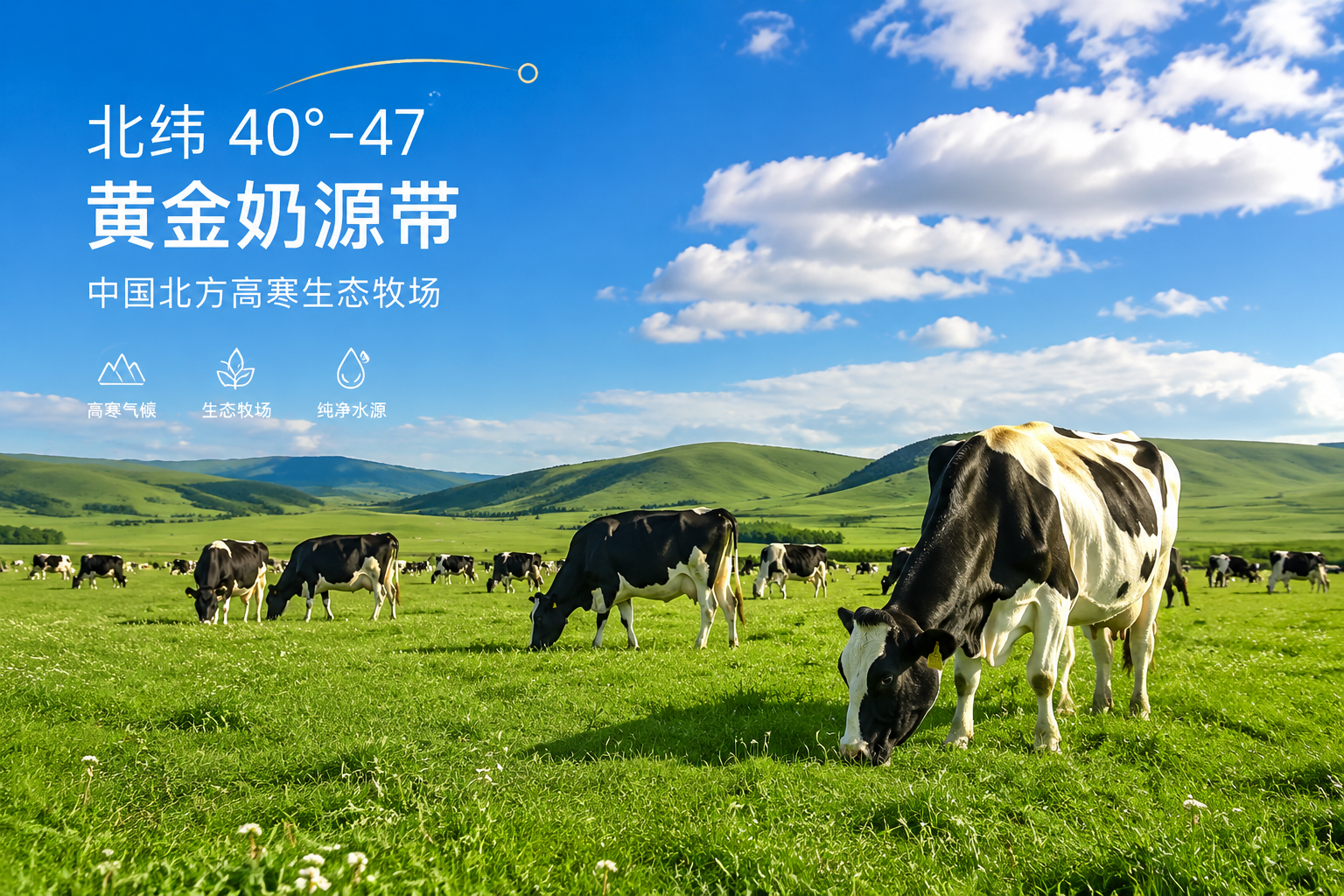 广阔的中国北方高寒生态牧场,蓝天白云下,健康的黑白花奶牛在翠绿的草地上悠闲吃草,阳光洒在草地上,画面清新自然,强调北纬40°-47°黄金奶源带的纯净感,高品质摄影。
