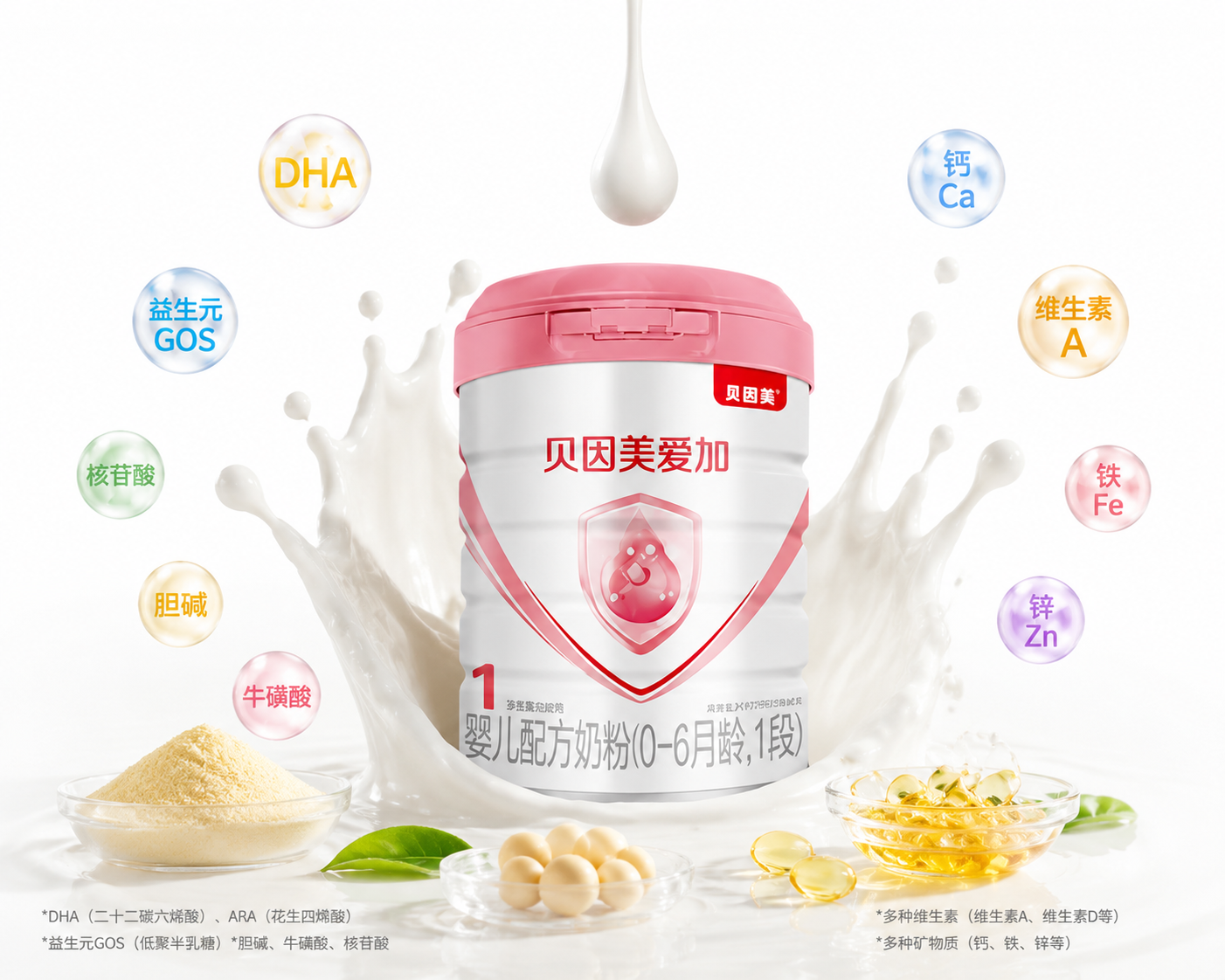 丰富的奶粉营养配料展示,生牛乳滴落,多种维生素和矿物质的科学配方概念,干净的纯白背景,微距摄影,高清晰度。