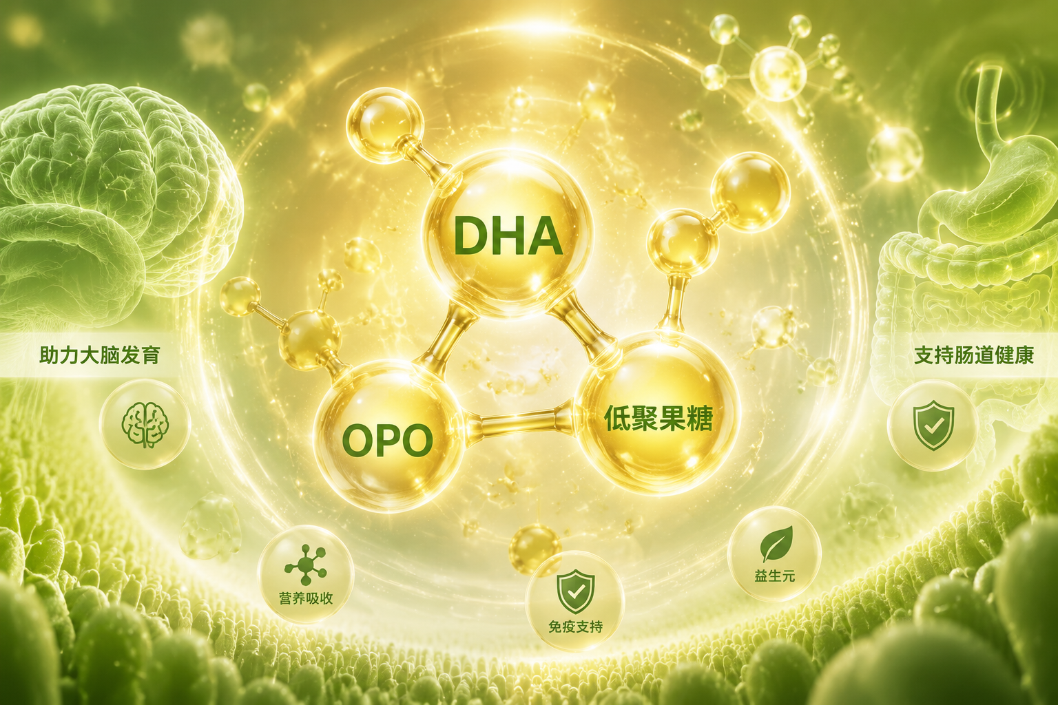 微观视角的营养分子概念图,画面中心是发光的DHA、OPO、低聚果糖等分子结构,周围环绕着象征大脑发育和肠道健康的柔和光晕,色彩以温暖的金色和充满生机的绿色为主,展现核心营养成分的科技感与生命力。