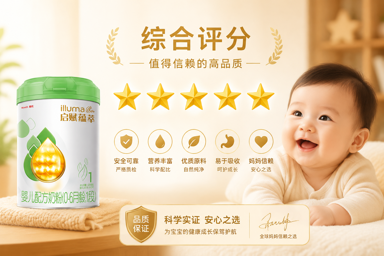 综合评分概念图,五个金色的星星,旁边有一个可爱的婴儿笑脸,背景温馨,传达出值得信赖和高品质的感觉。