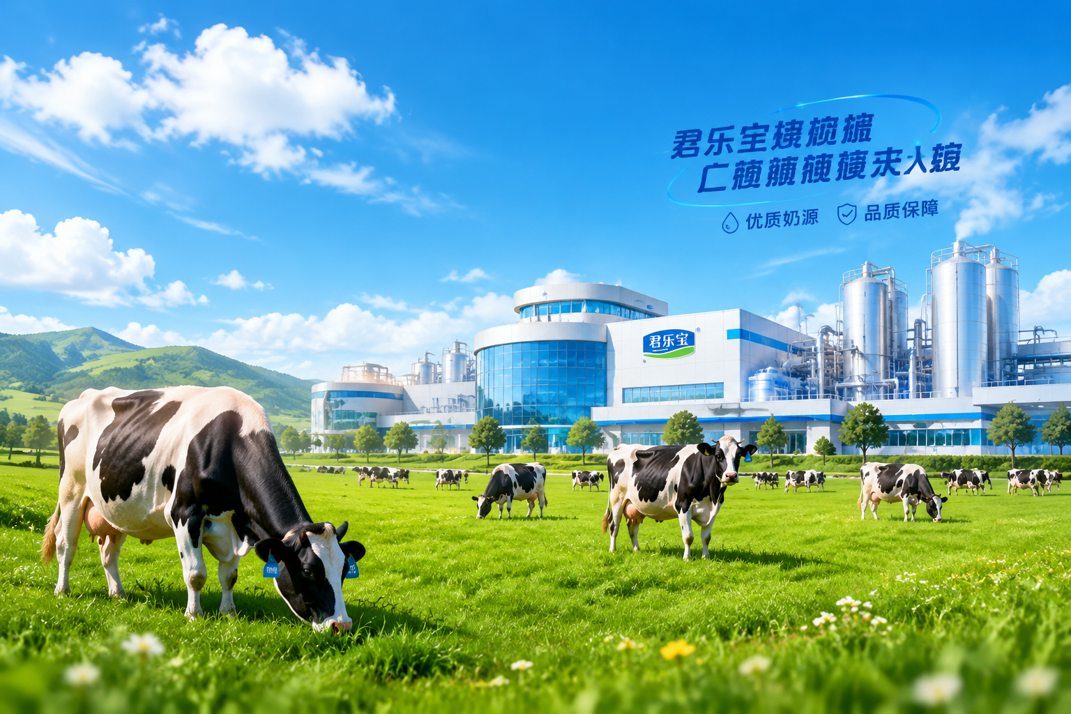 现代化的乳制品工厂与广阔的绿色牧场融合的插画或摄影合成图,蓝天白云下有健康的奶牛在吃草,远处是充满科技感的现代化生产车间,展现品牌雄厚的实力与天然奶源。