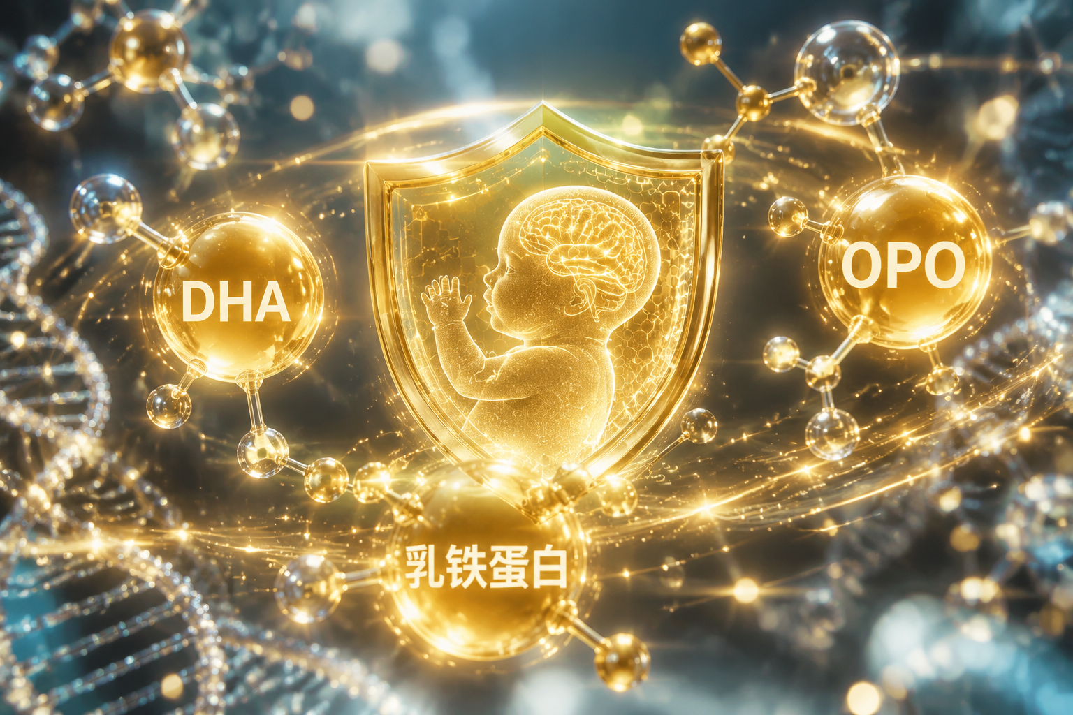 充满科技感和未来感的微观营养分子结构图,发光的DHA、OPO、乳铁蛋白分子漂浮在空中,围绕着一个代表婴儿免疫力和大脑发育的金色盾牌,3D渲染,微距摄影,梦幻光影。